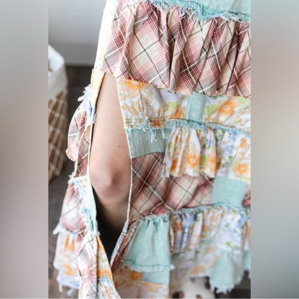 Oli & Hali Mint Plaid Floral Patchwork Ruffle Slit Denim Maxi Skirt - Picture 7 of 10